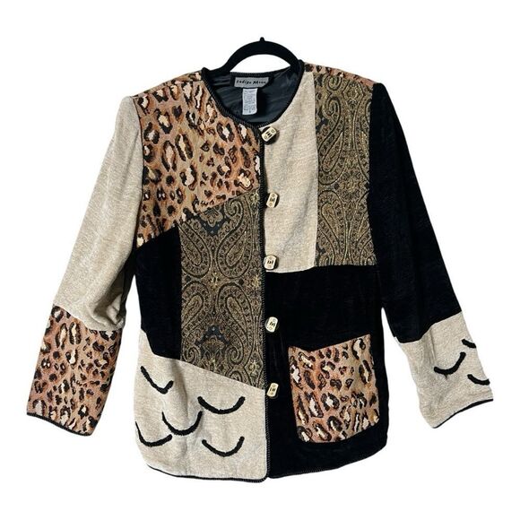 Indigo Moon Blazer Small Patchwork Tapestry Artsy Wood Buttons Animal Print - Picture 1 of 12